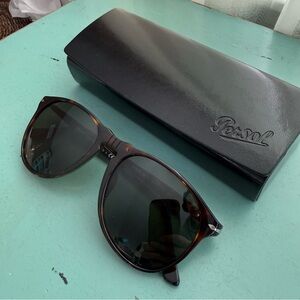 Persol PO9649S aviator sunglasses with a havana frame and green lenses